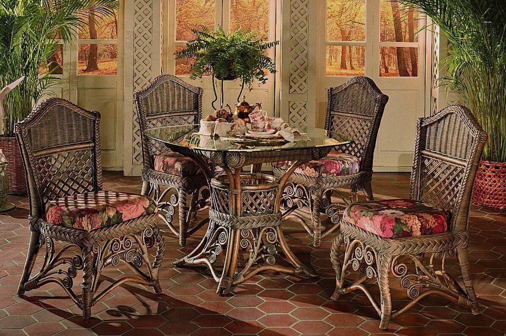 Brownwash Rattan Round Glass Top Dining Table 42 Inch