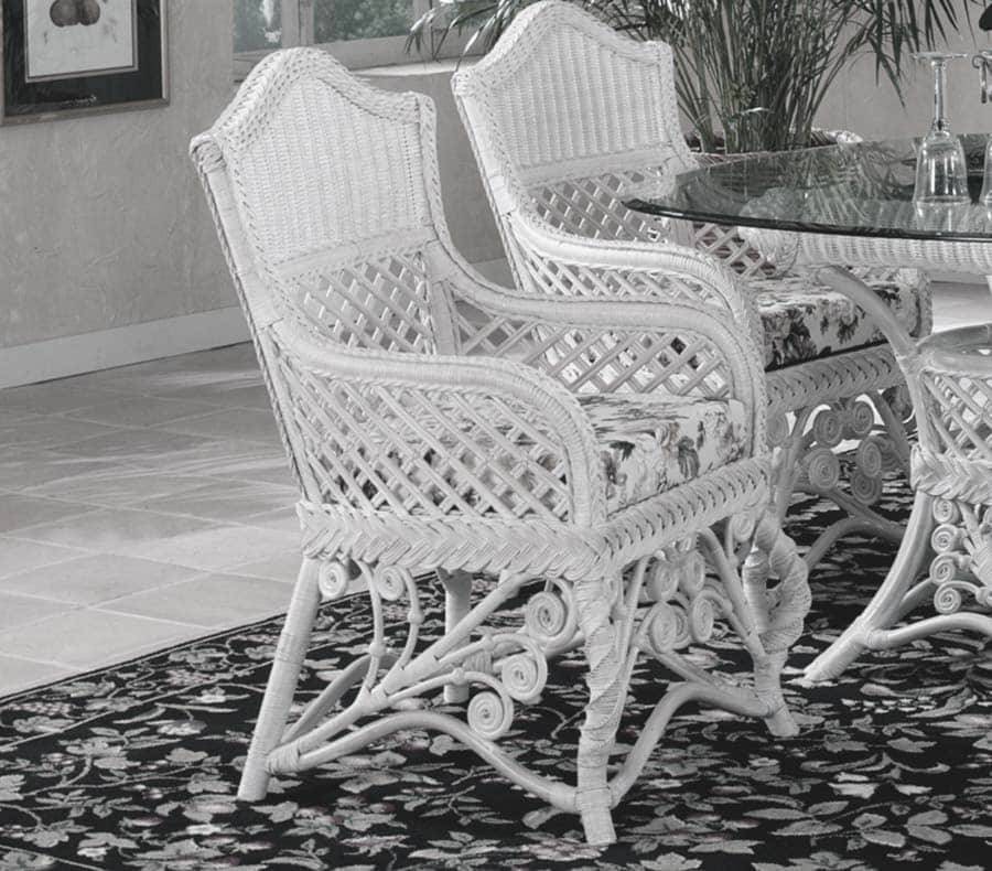 White Wicker Rattan Dining Arm Chair Victorian Style Indoor