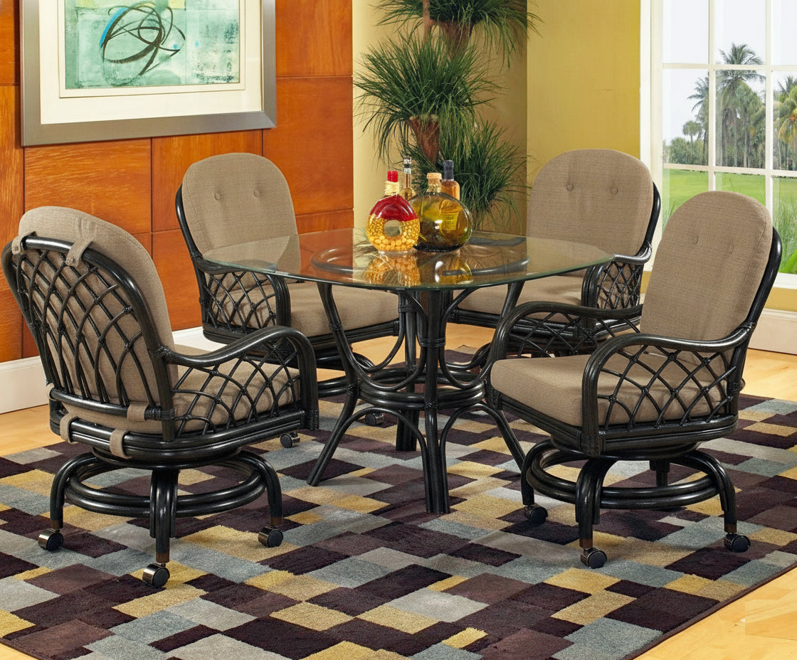 Rattan Swivel-Rock Caster Dining Chair Natural Wicker with Beige Cushion