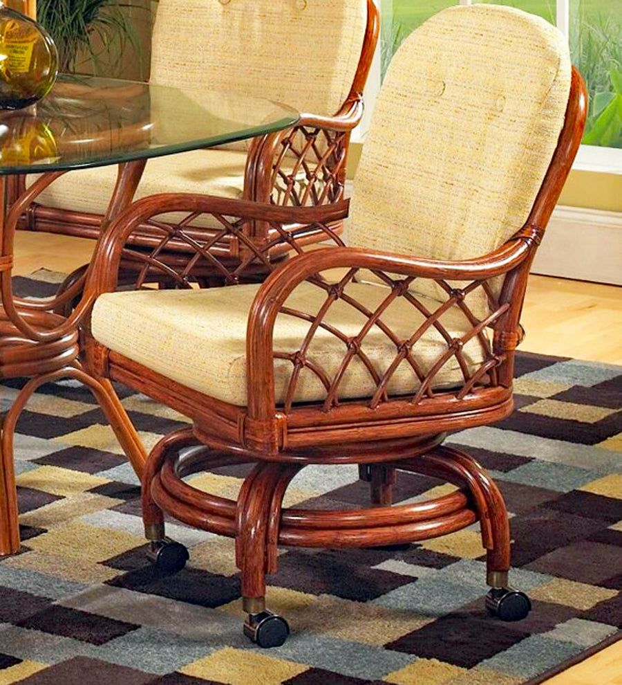 Rattan Swivel-Rock Caster Dining Chair with Cushion Natural Brown
