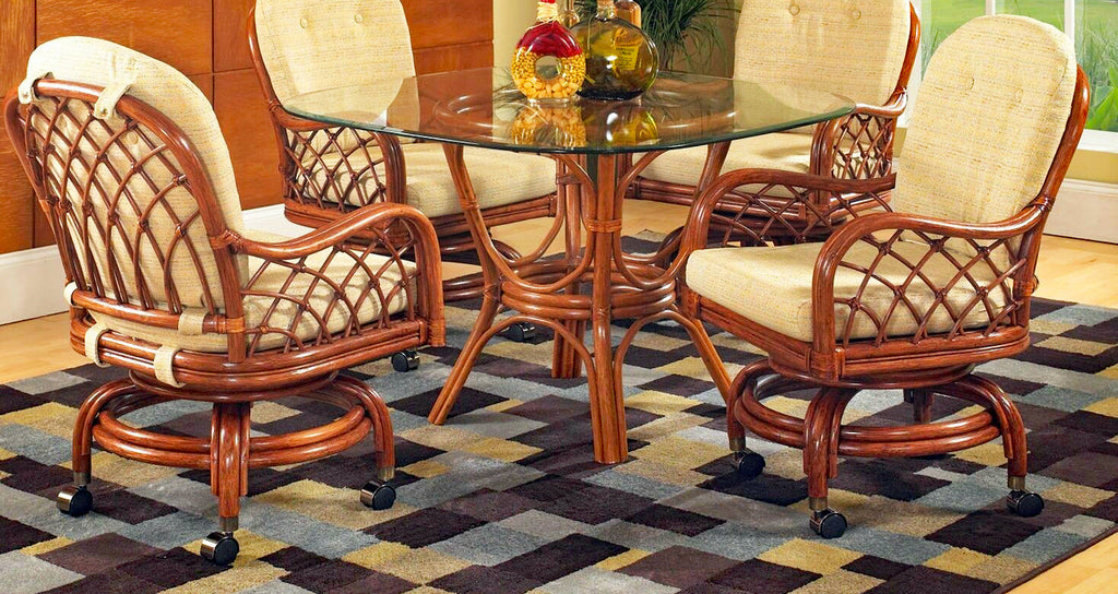 Rattan Swivel-Rock Caster Dining Chair Natural Wicker with Beige Cushion