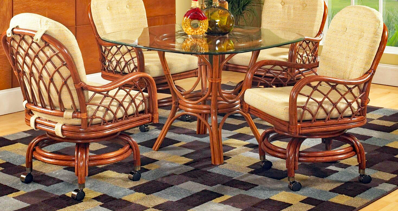 Rattan Swivel-Rock Caster Dining Chair Natural Wicker with Beige Cushion