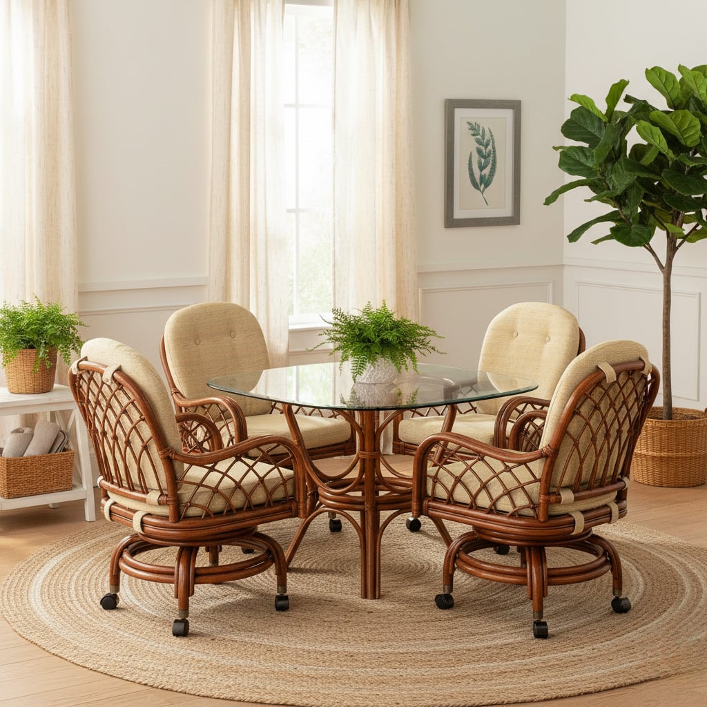 Rattan Swivel-Rock Caster Dining Chair Natural Wicker with Beige Cushion