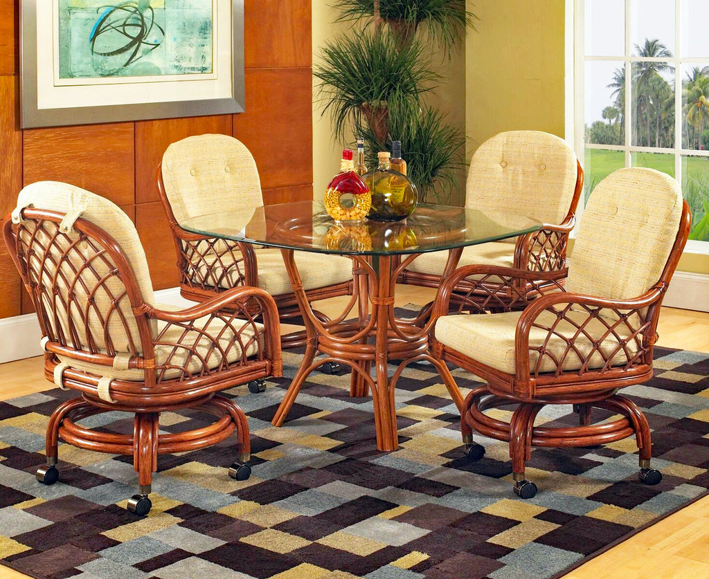 Rattan Swivel-Rock Caster Dining Chair with Cushion Natural Brown