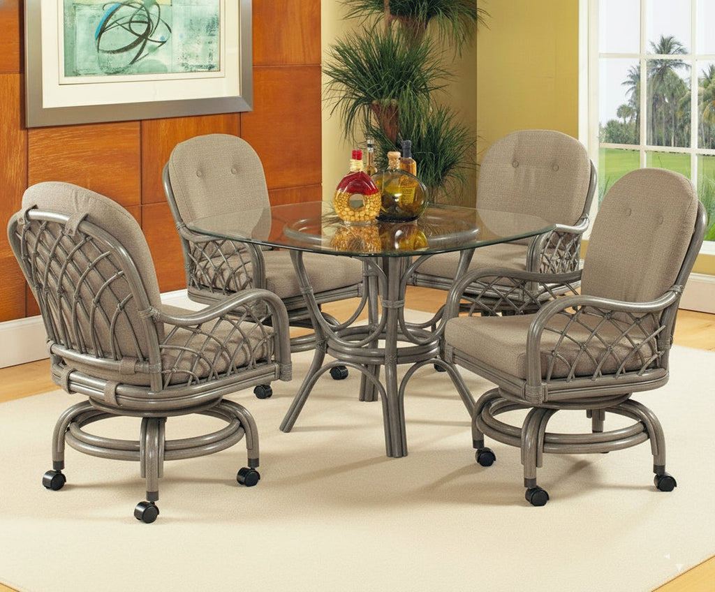 Rattan Swivel-Rock Caster Dining Chair Natural Wicker with Beige Cushion