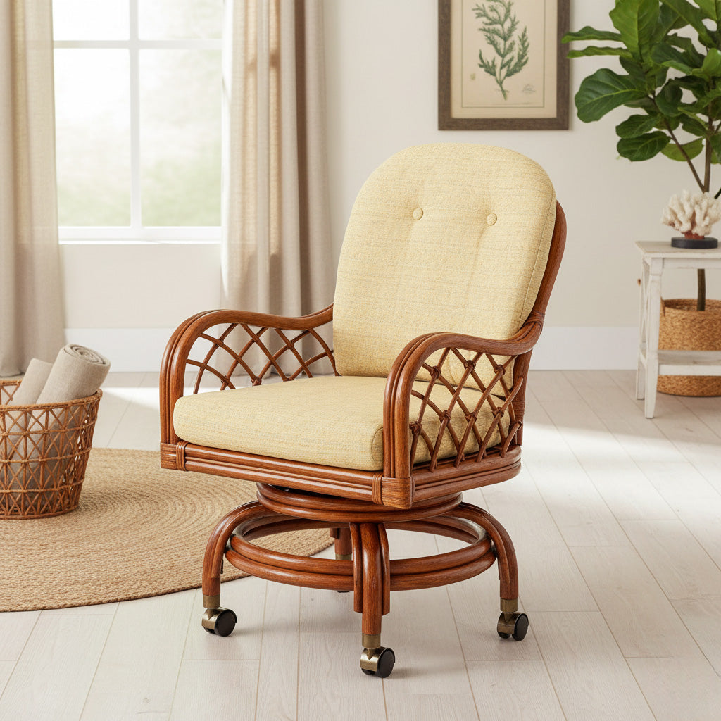 Rattan Swivel-Rock Caster Dining Chair with Cushion Natural Brown