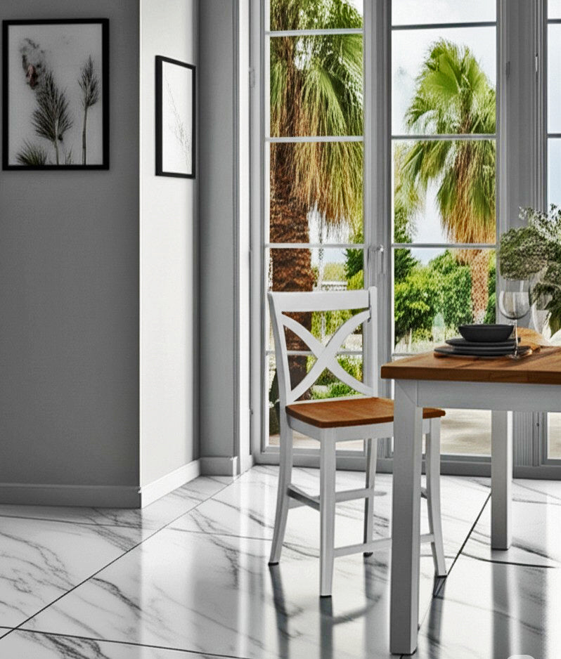 Tabouret de bar à dossier croisé avec assise en bois, fini naturel clair