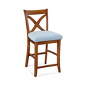 X-Back Counter Stool with Upholstered Seat, Solid Wood Frame, Light Blue Fabric, Brown Finish