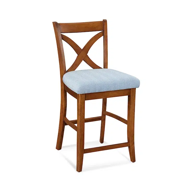 X-Back Counter Stool with Upholstered Seat, Solid Wood Frame, Light Blue Fabric, Brown Finish