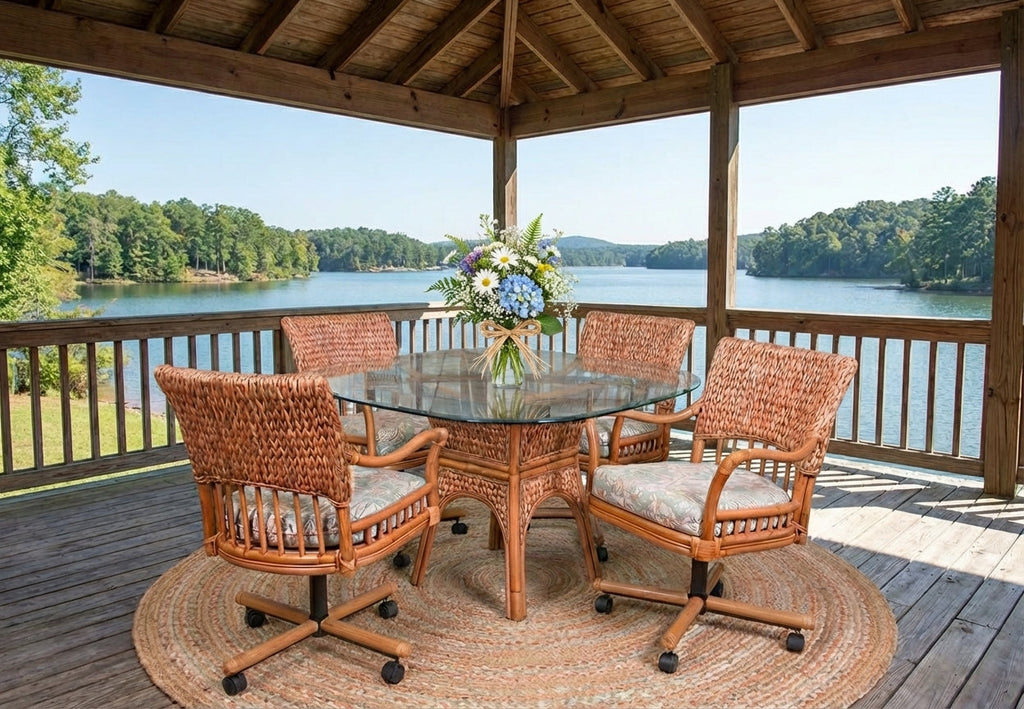 Rattan Caster Dining Chair with Swivel Tilt Chevron Weave