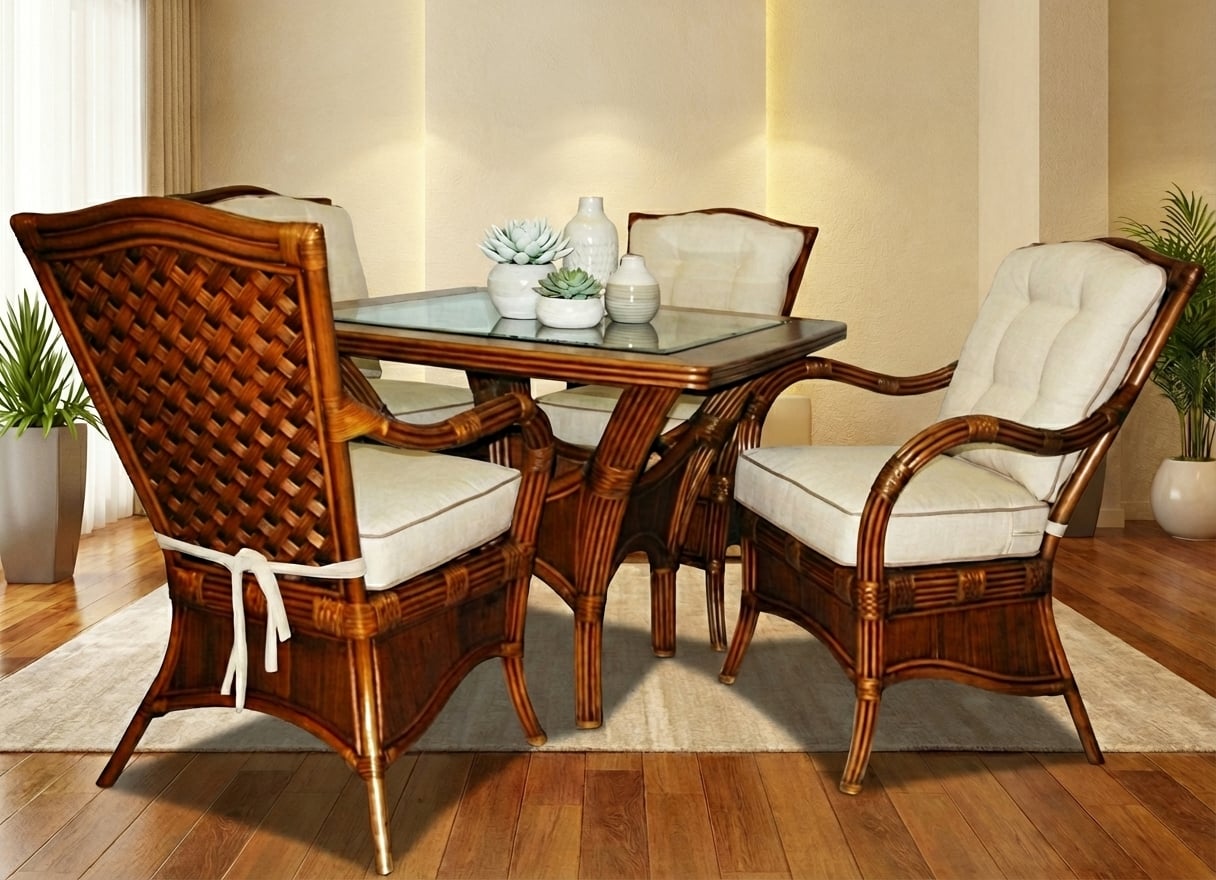 Rattan Dining Arm Chair with Cushion and Glass Top Table Cinnamon Finish