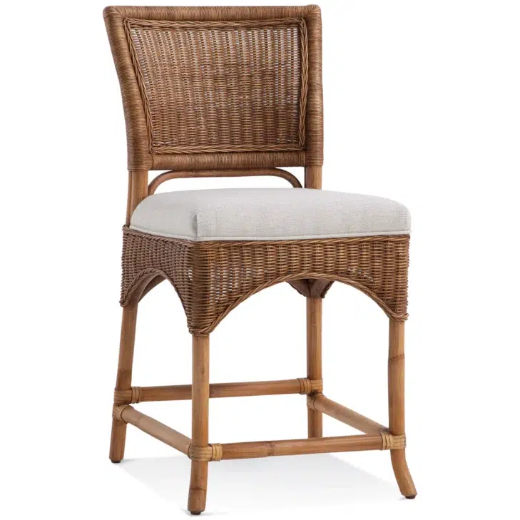 Wicker Rattan Counter Stool with Upholstered Seat Natural Brown Finish