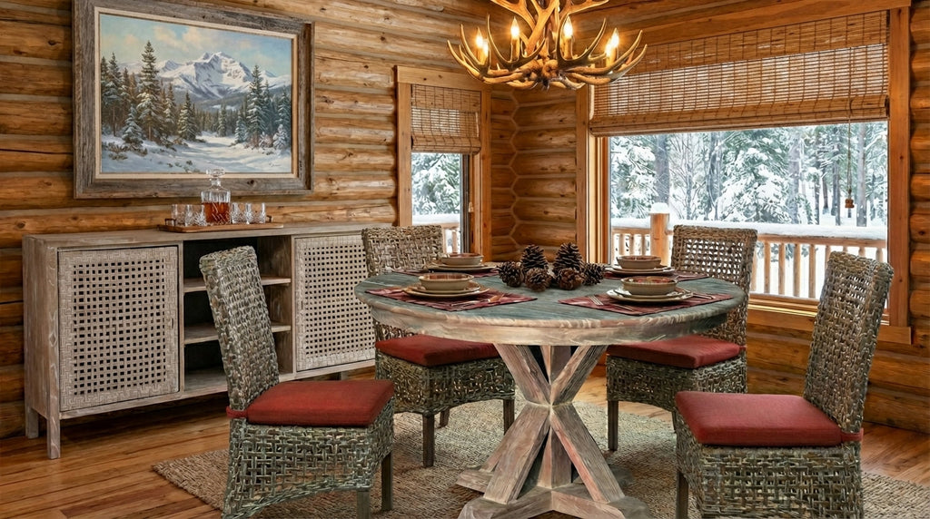 Table à manger ronde en osier avec armoire de service Fumée vintage