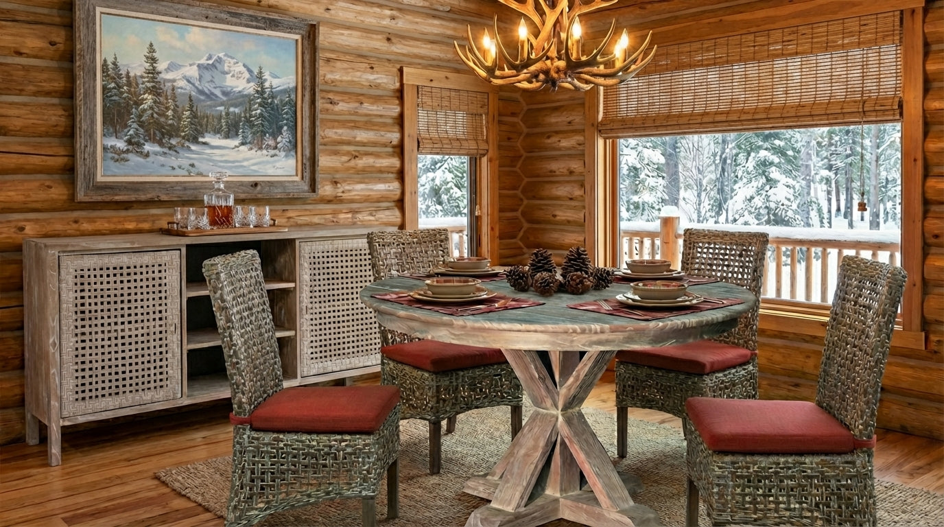 Round Wicker Dining Table with Server Cabinet Vintage Smoke