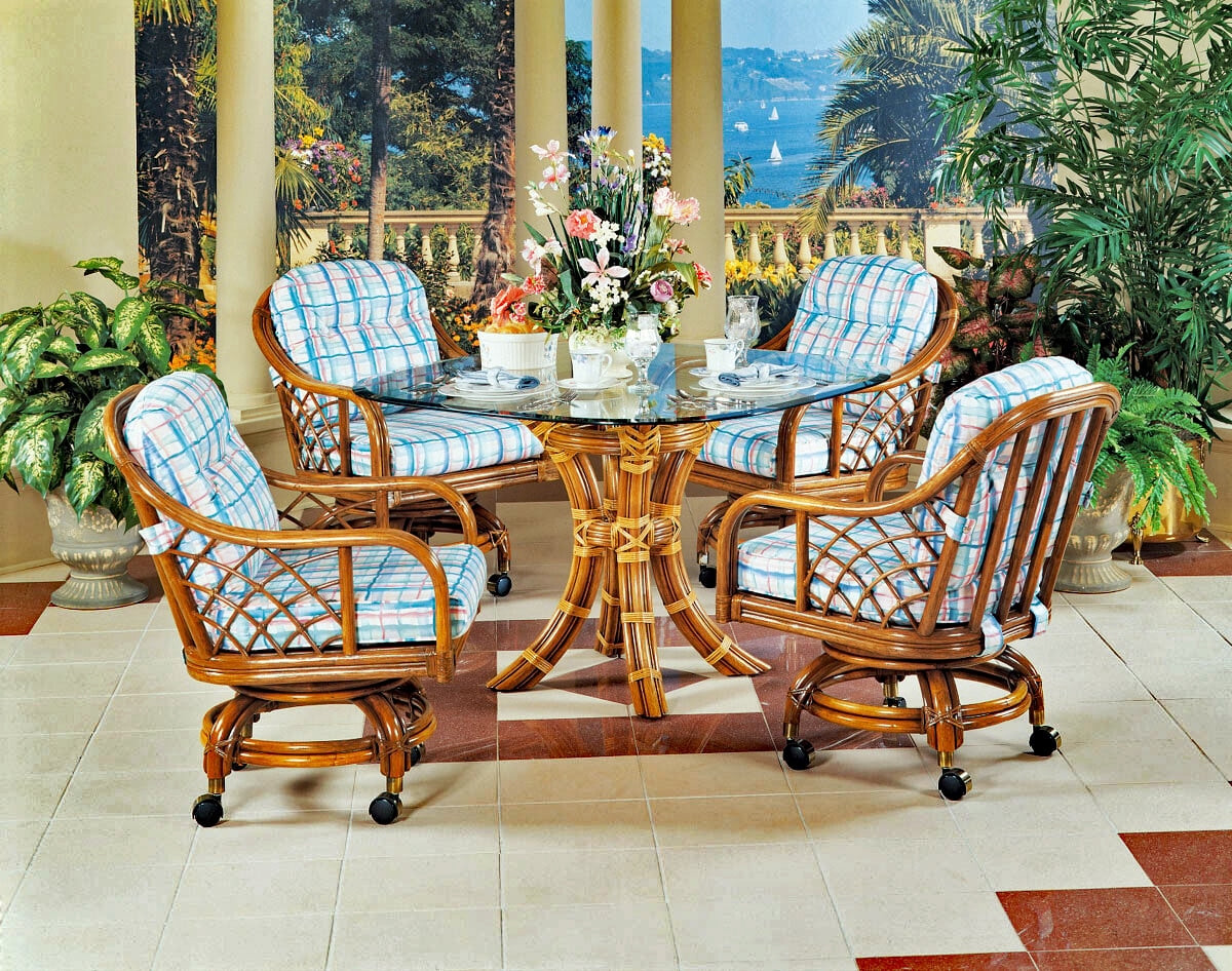 Rattan Swivel-Rock Caster Dining Chair Natural Woven Finish