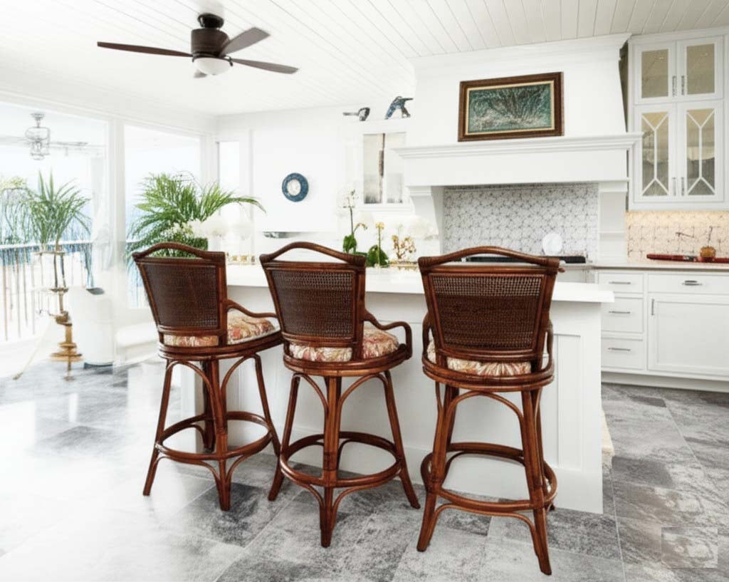 Swivel Rattan Barstool and Counterstool with Woven Cane Back Natural Brown