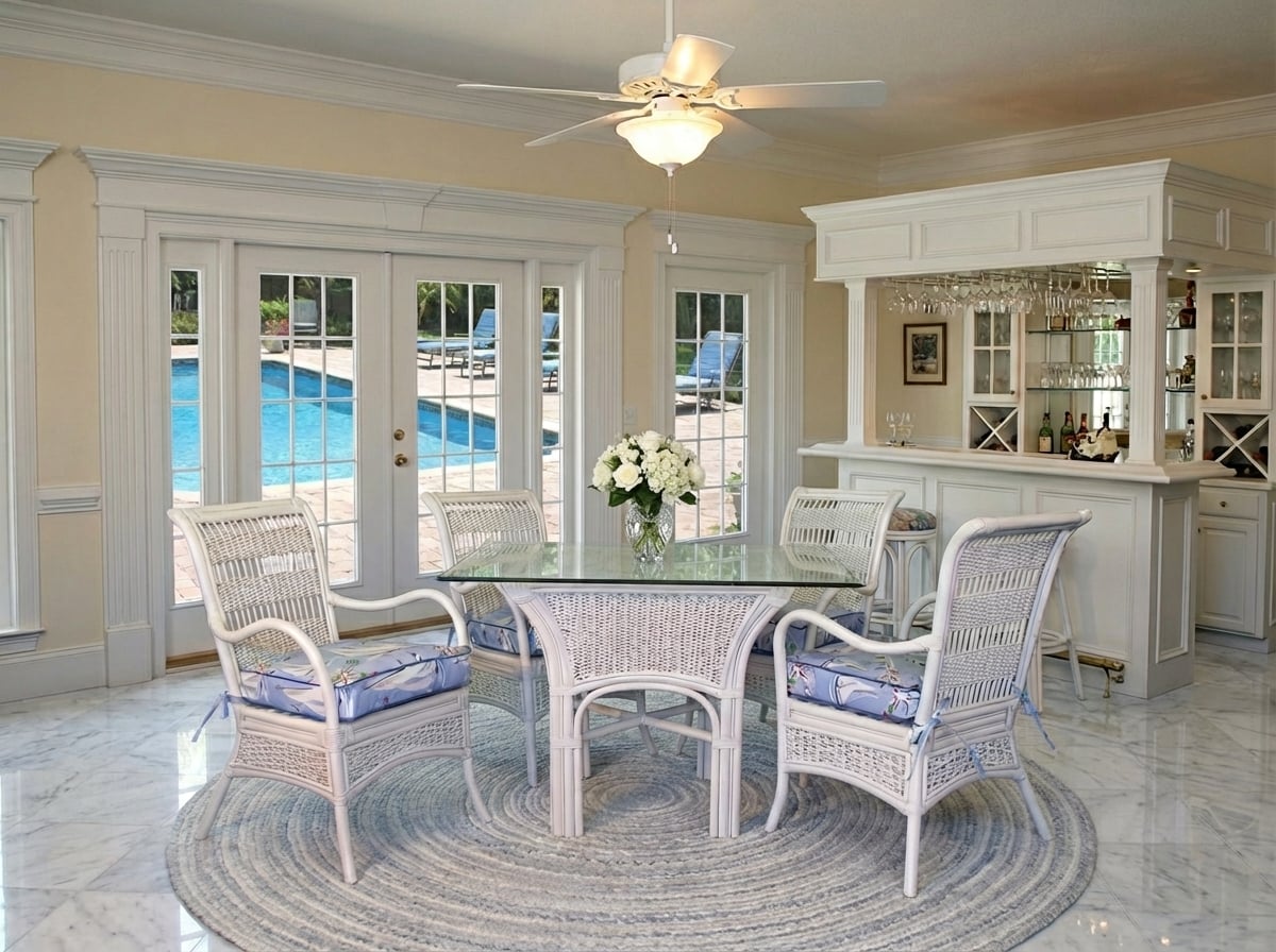Coastal Rattan Wicker Dining Chair with Ocean Blue Cushion