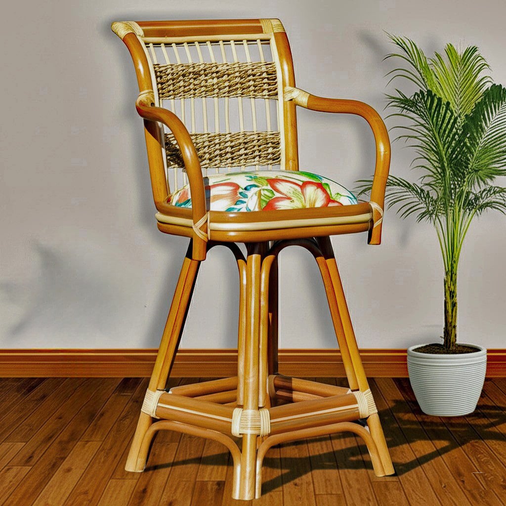 Rattan Swivel Barstool with Wicker Backing and Cushion Natural Brown