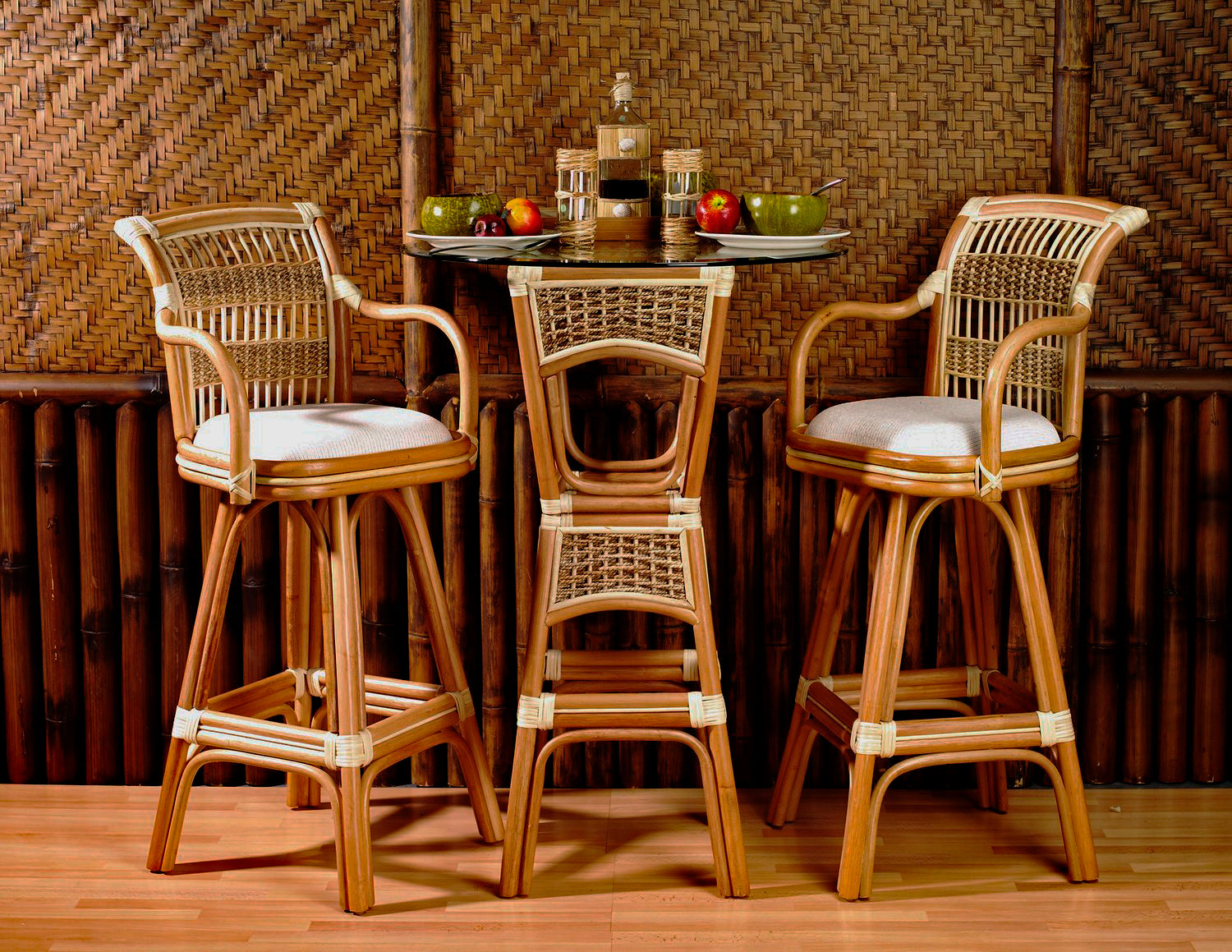 Rattan Swivel Barstool with Wicker Backing and Cushion Natural Brown