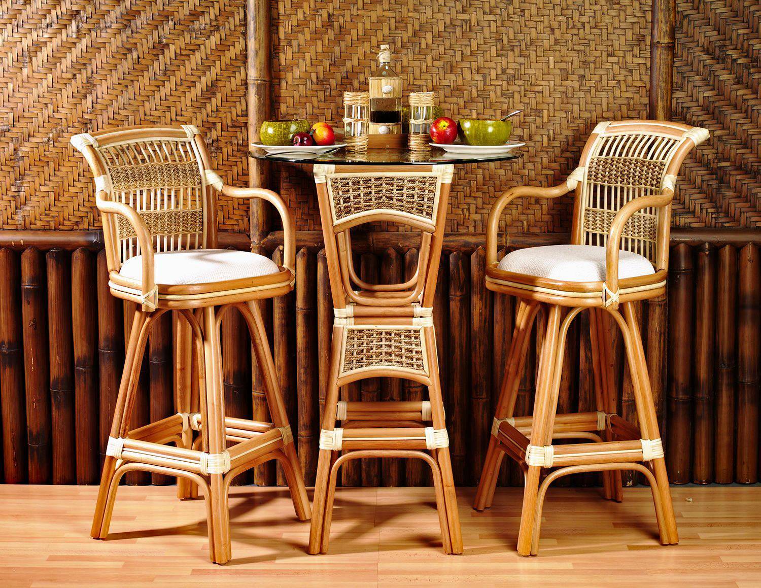 Rattan Swivel Barstool Natural Finish with Floral Cushion Indoor
