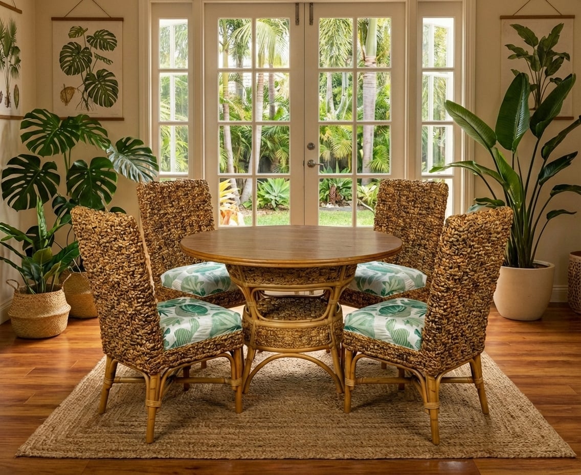Round Rattan Wicker Dining Table Natural Wood Coastal Style