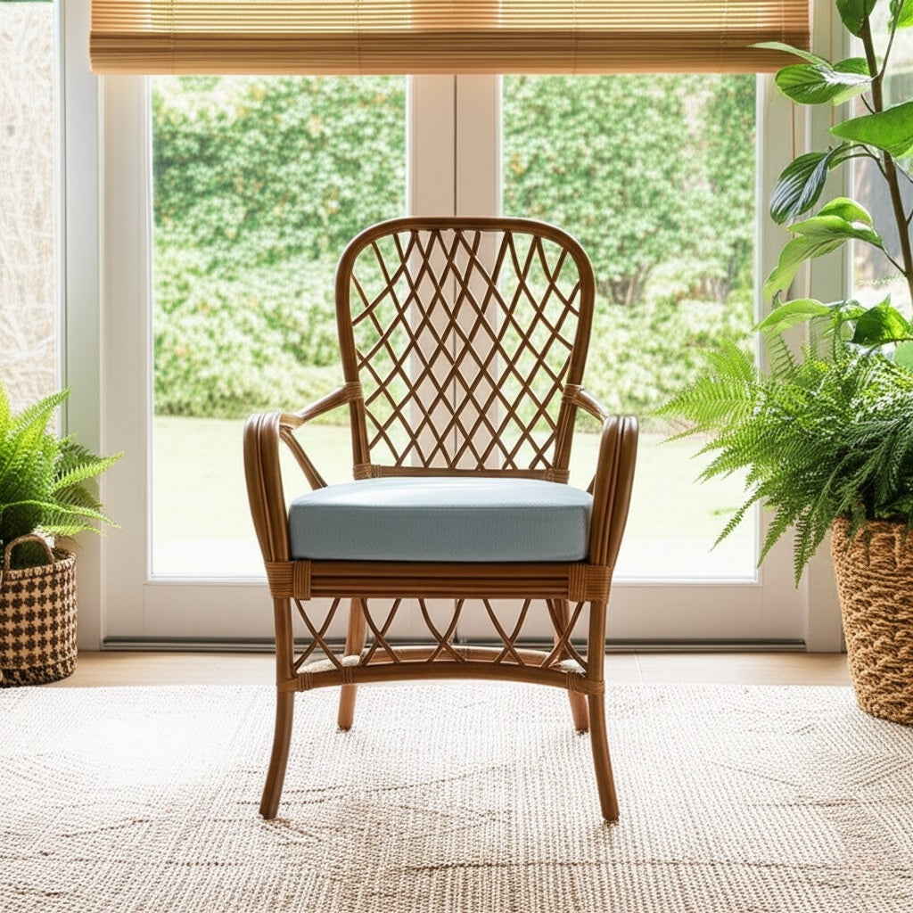 Florida Rattan Round Glass-Top Dining Table with 4 Cushioned Arm Chairs