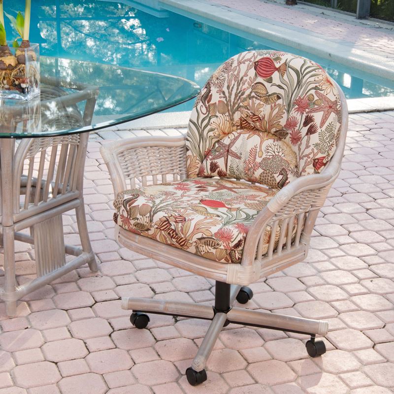 Rattan Swivel-Tilt Caster Dining Chair with Glass Top Table in Rustic Driftwood