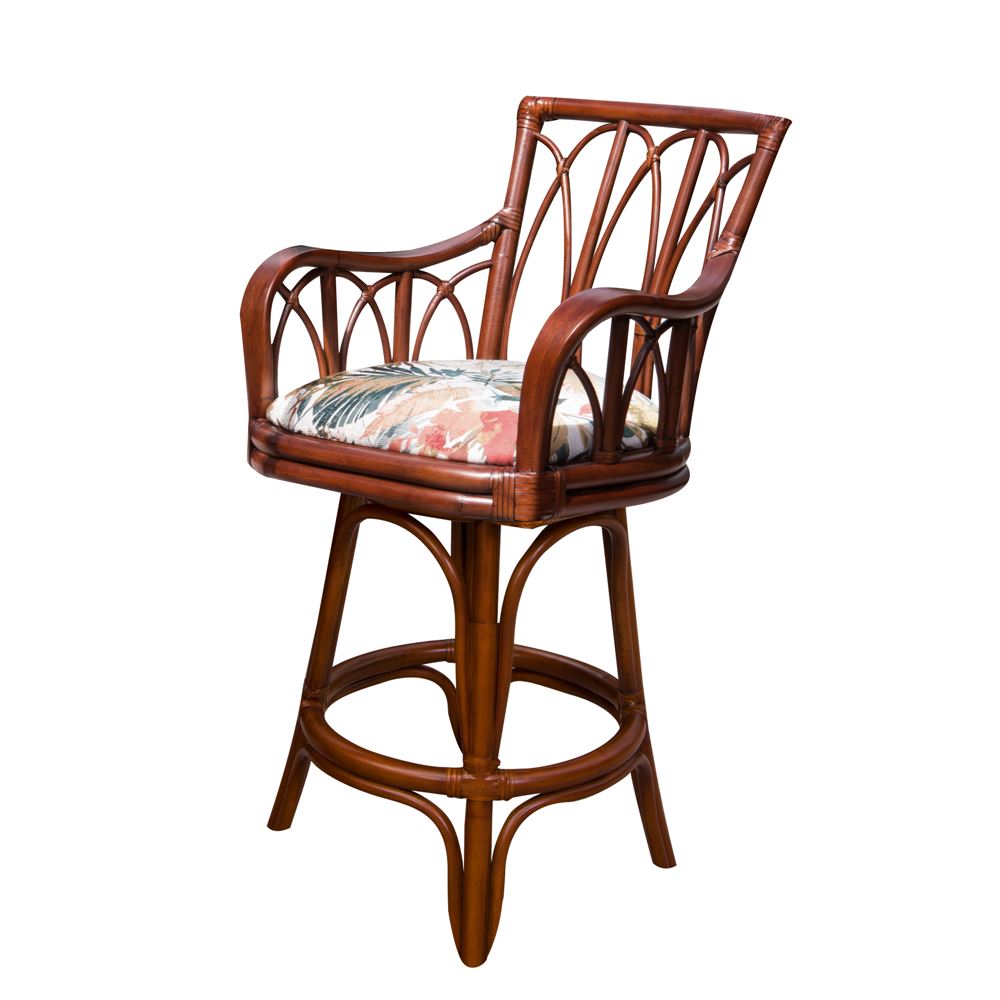 Cuba Rattan Swivel Barstool or Counterstool with Arms in Sienna Finish