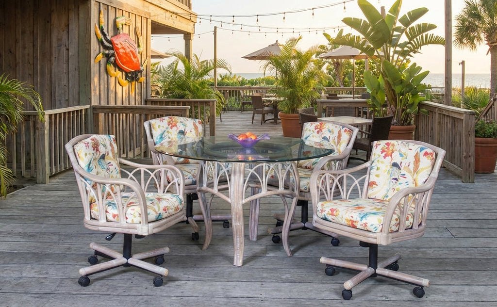 Rattan Swivel-Tilt Caster Dining Chair with Cushion in Rustic Driftwood Finish