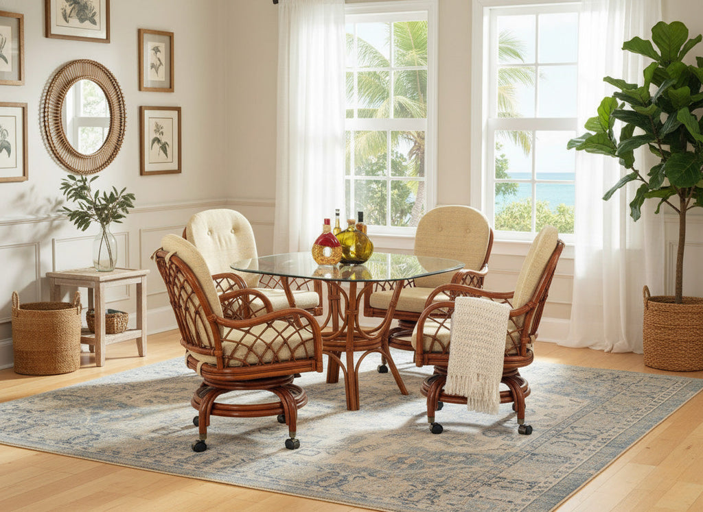 Rattan Swivel-Rock Caster Dining Chair Natural Wicker with Beige Cushion