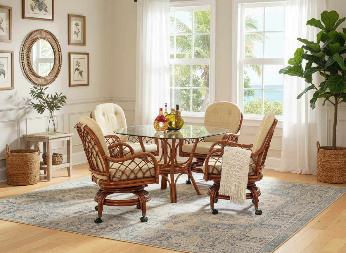 Rattan Swivel-Rock Caster Dining Chair Natural Wicker with Beige Cushion