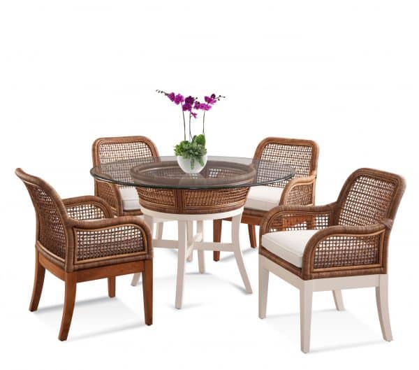 Boone Round Glass Top Rattan Dining Table White Base Natural Wicker