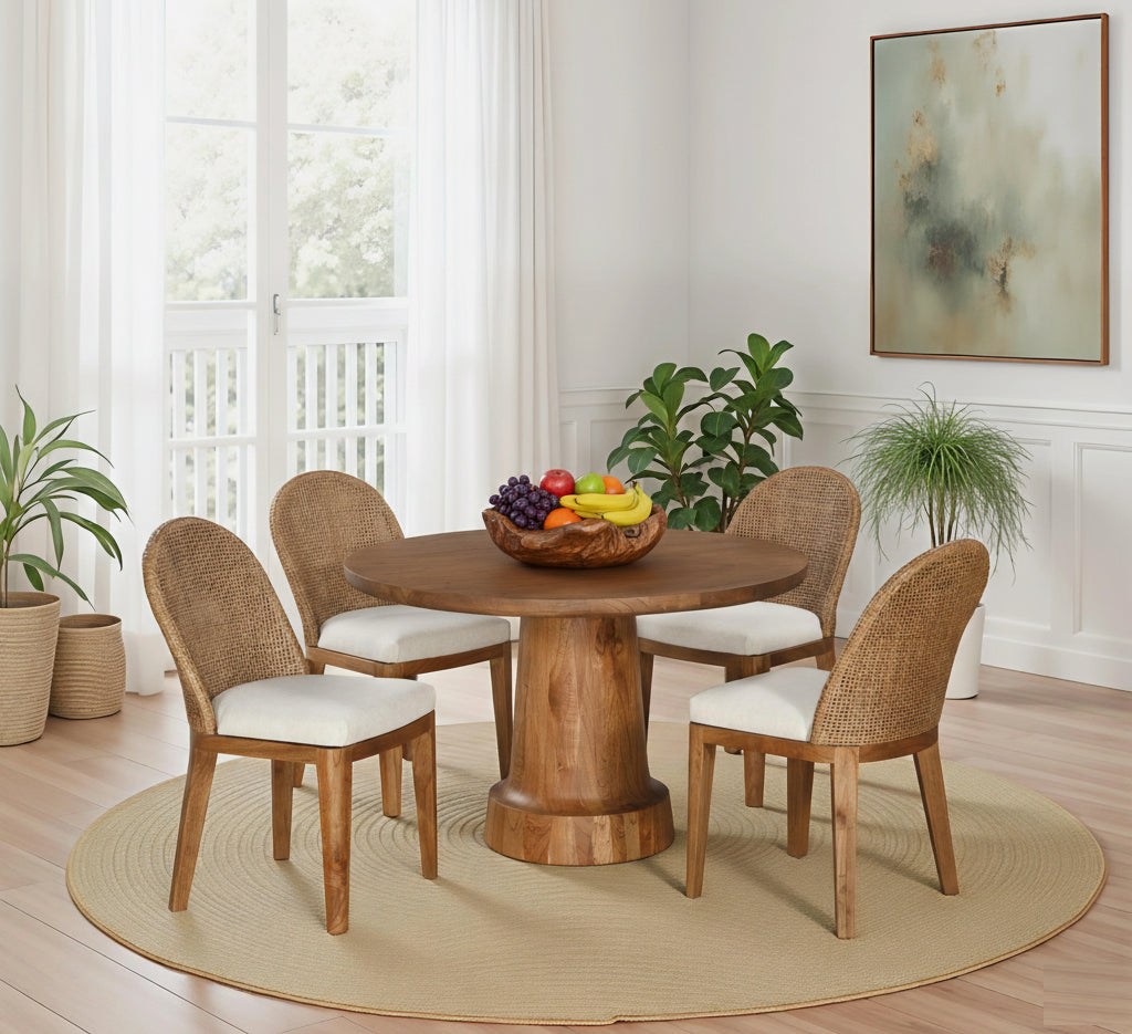 Mindi Wood and Rattan Dining Chair with Woven Back and Upholstered Seat