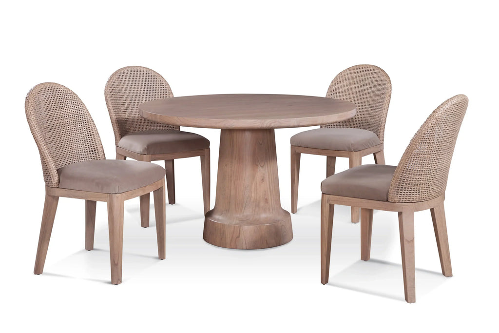 Mindi Wood and Rattan Dining Chair with Woven Back and Upholstered Seat