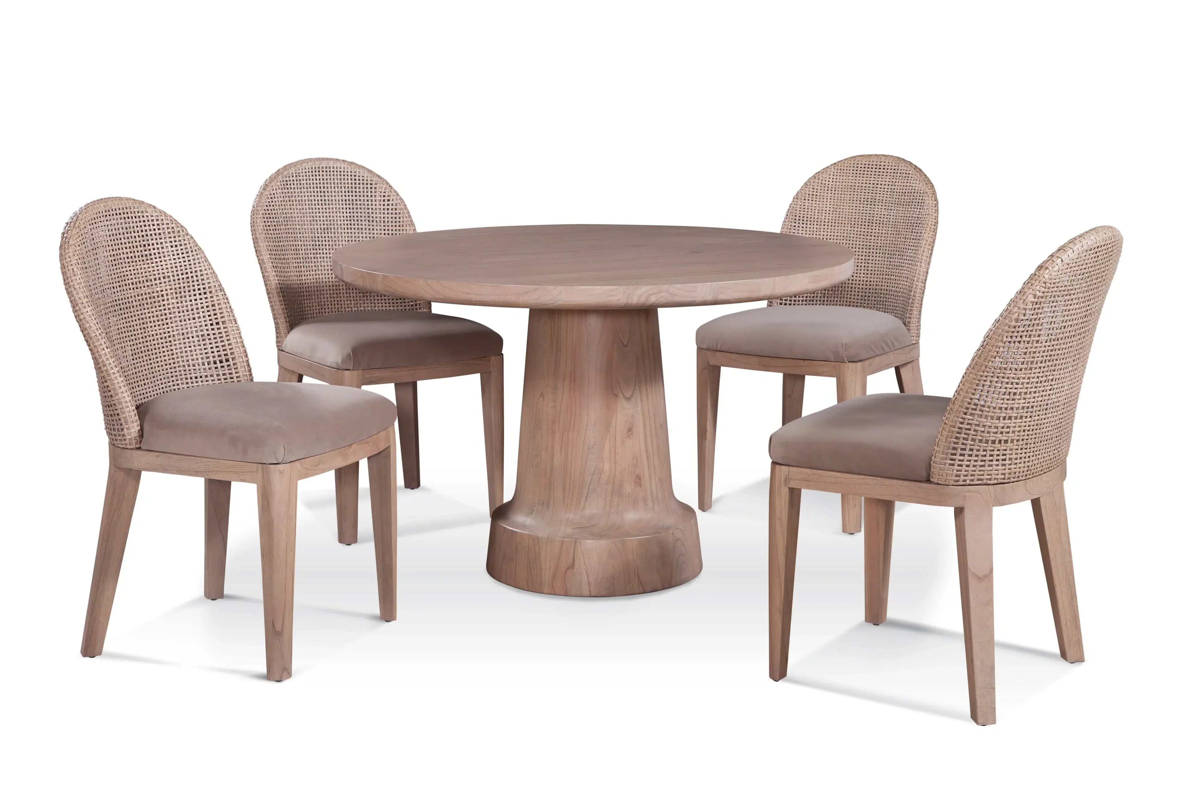 Mindi Wood and Rattan Dining Chair with Woven Back and Upholstered Seat