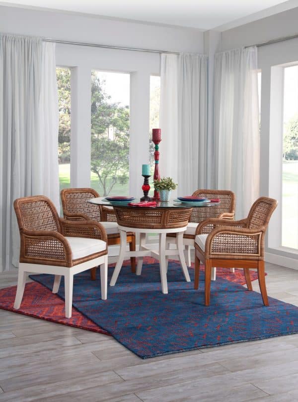 Boone Round Glass Top Rattan Dining Table White Base Natural Wicker