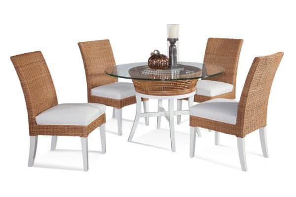 Boone Round Glass Top Rattan Dining Table White Base Natural Wicker
