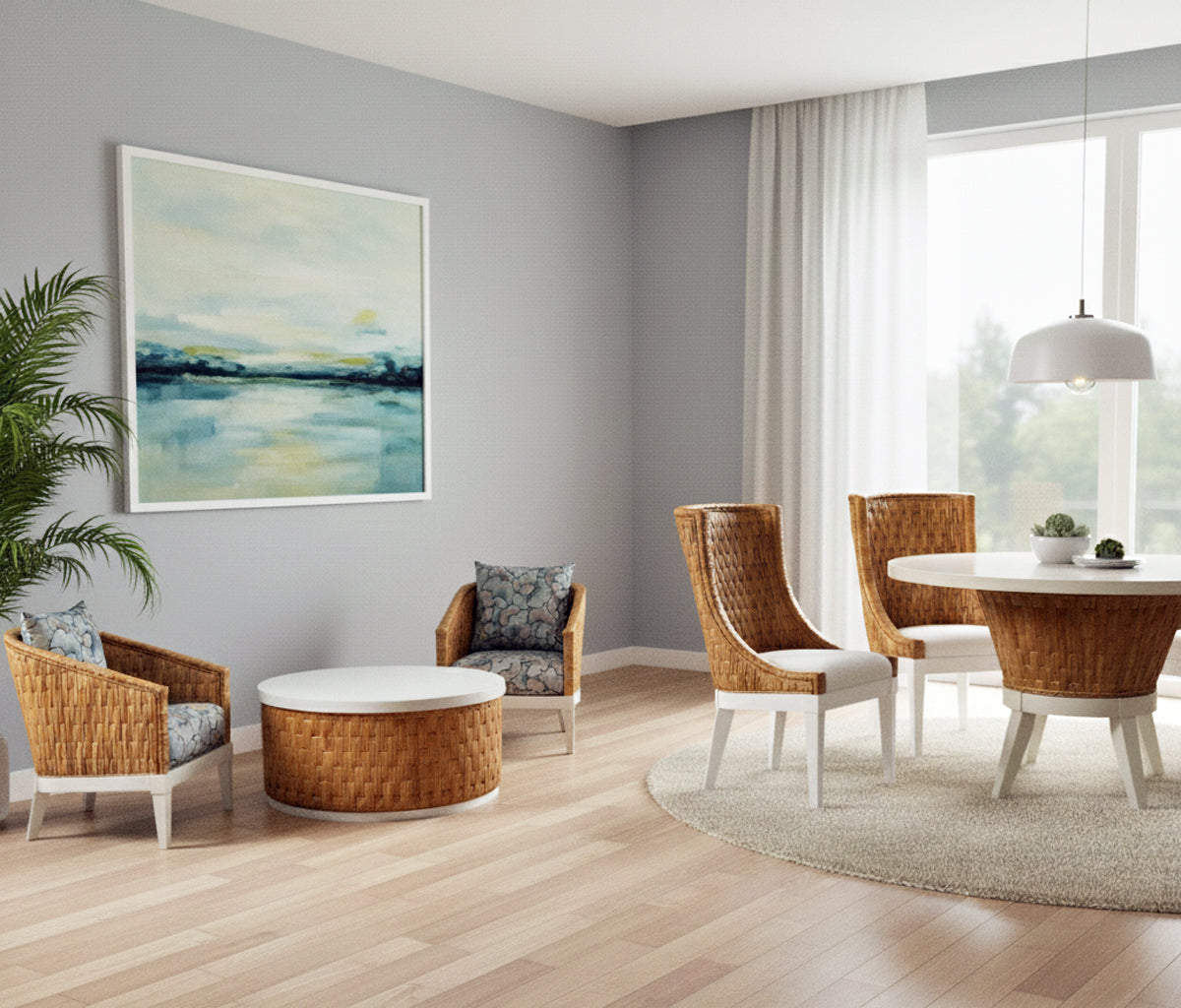 Rattan and Wood Dining Side Chair Natural Hardwood Woven