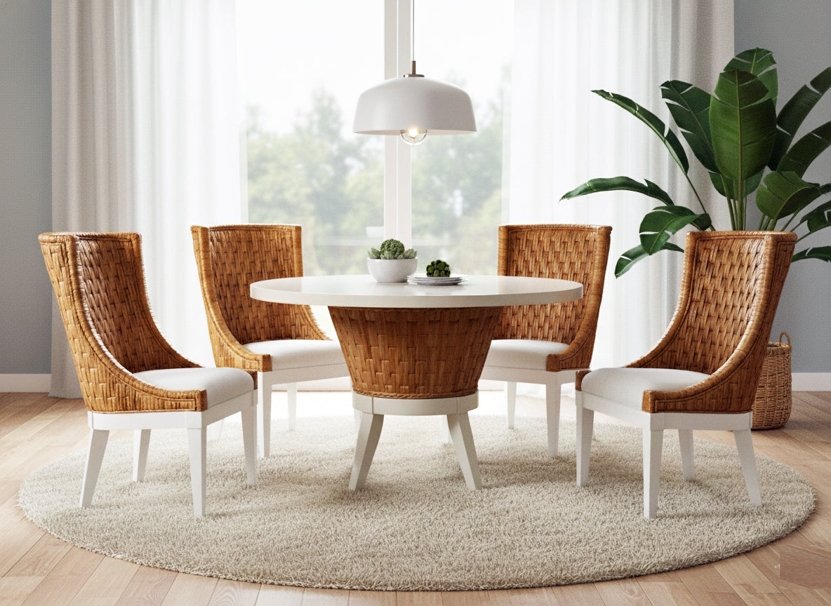 Rattan and Wood Dining Side Chair Natural Hardwood Woven