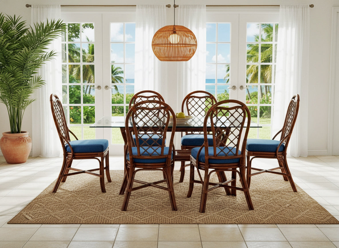 Rattan Rectangle Dining Table with Glass Top Brown Natural Style